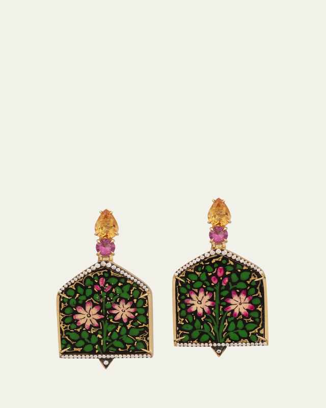 Papier Mache Window Earrings with Diamonds, Pink Tourmaline and Citrine
